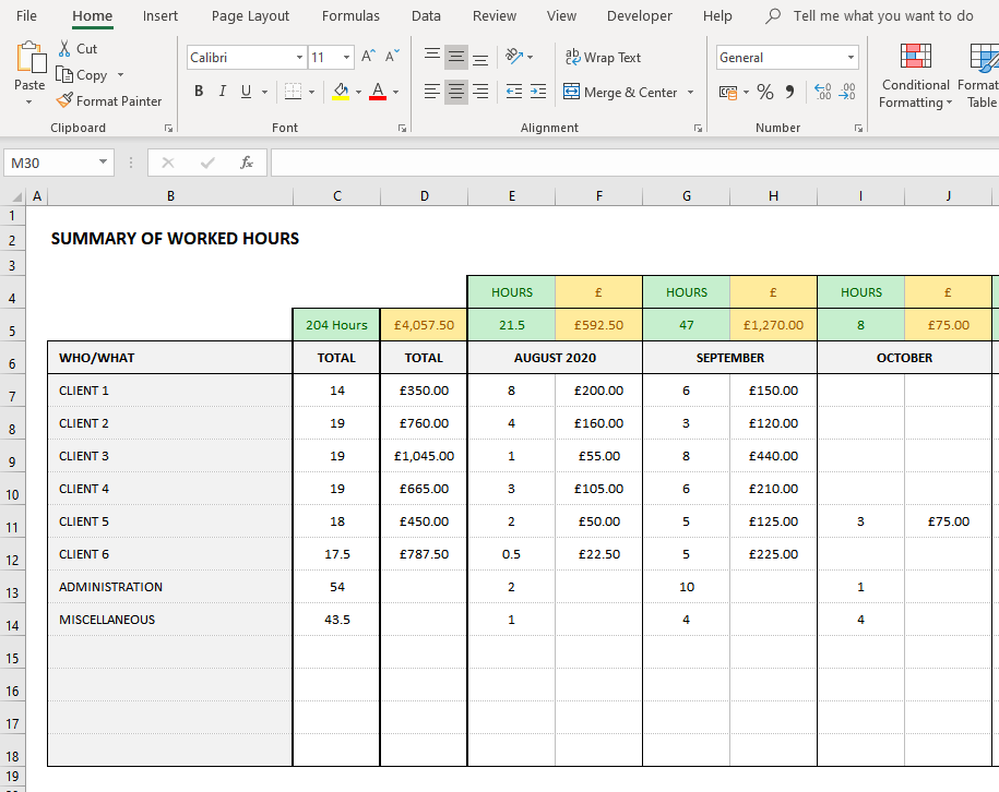 Recording Worked Hours spreadsheet